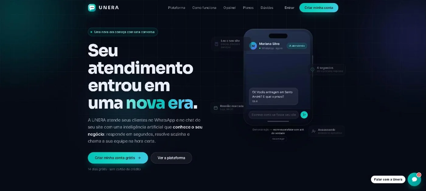 Página inicial do site da Unera